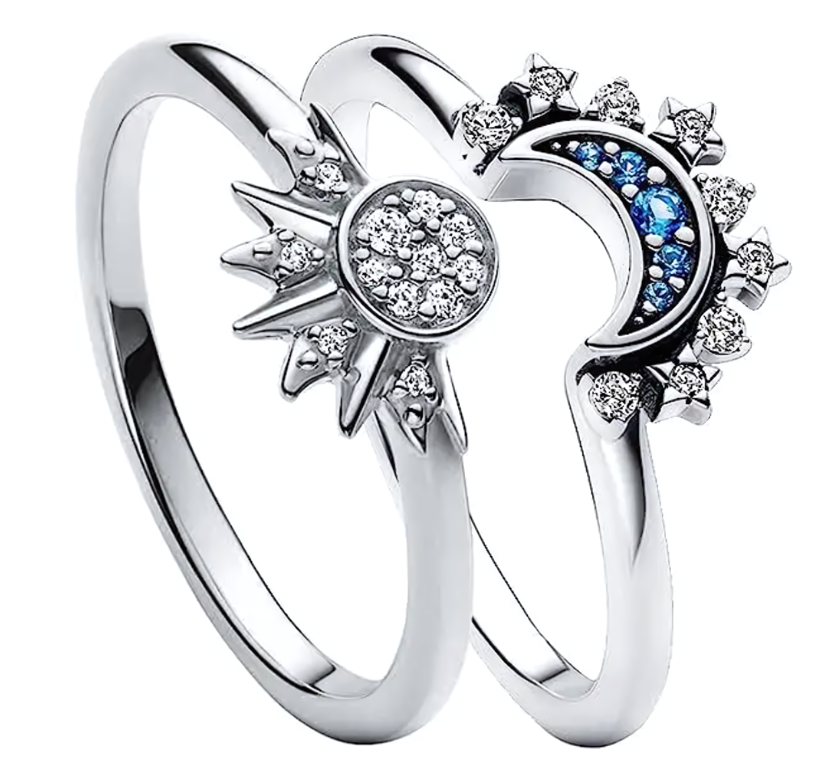 2 Ringe Set Paar  Sonne Mond Ring Strasssteine silber
