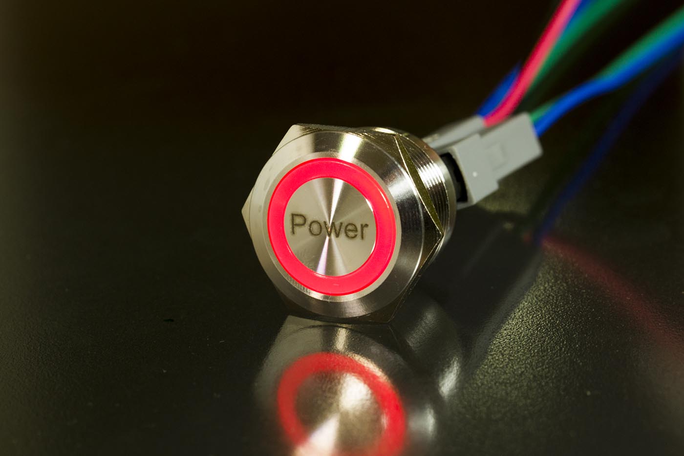 Einbauschalter - / Taster 22 mm Ring LED Lasergravur "Power"